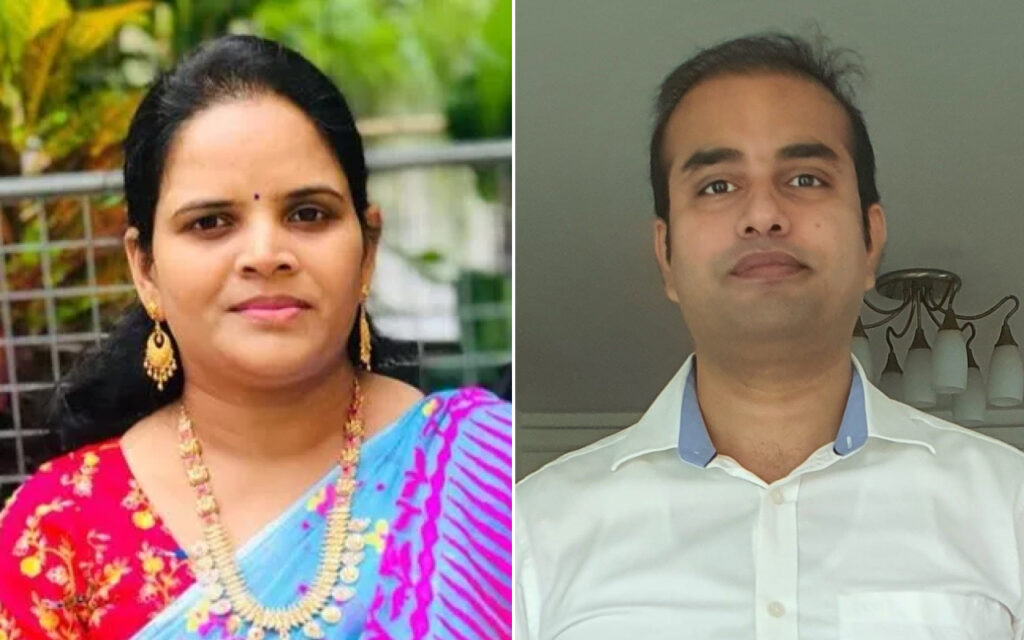 Side-by-side portrait: a woman in a red and blue saree with gold jewelry on the left, and a man in a white shirt with a blue-collar on the right, both looking at the camera.