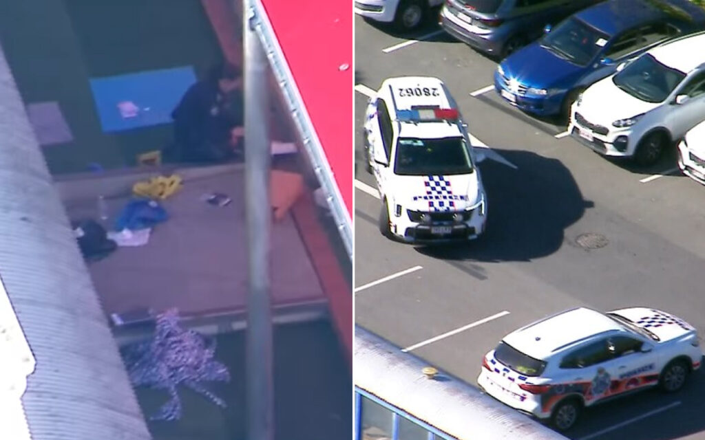 Left shows a cluttered sidewalk with scattered items near a building; right shows a white police SUV with blue checkered markings in a parking lot.