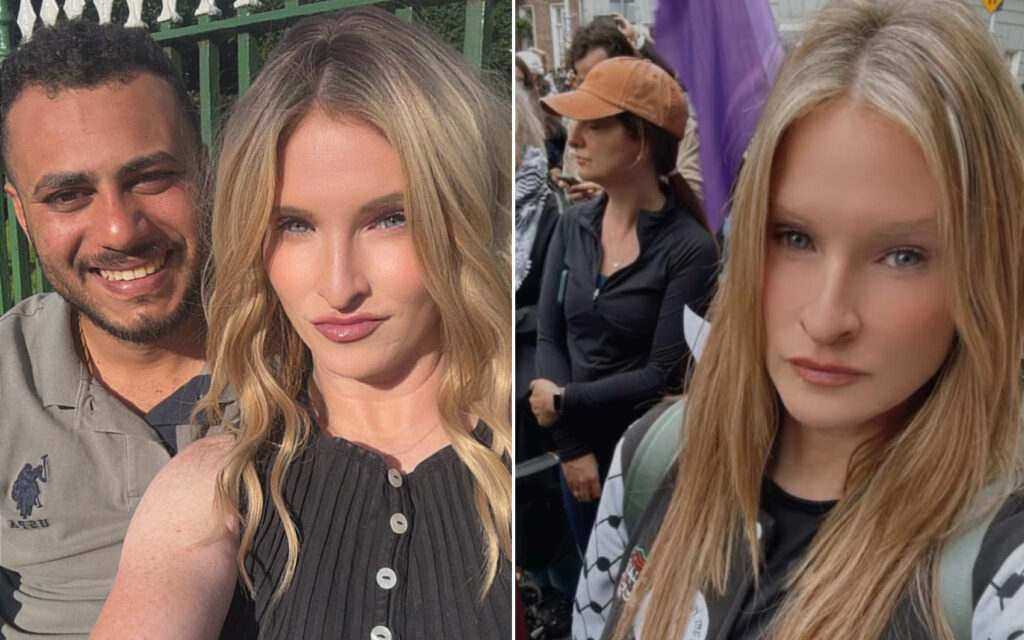 Two smiling people outdoors, a man and a blonde woman posing for a selfie in front of a green fence on the left panel. The right panel shows a close-up of a blonde woman in a crowd with a backpack.