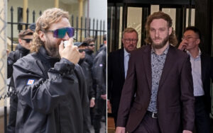 Two men in split scene: left shows a bearded man in a black jacket and sunglasses speaking into a handheld radio amid a security crowd; right shows a man in a purple patterned shirt and blazer walking with colleagues in a doorway.
