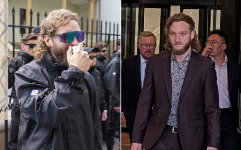 Two men in split scene: left shows a bearded man in a black jacket and sunglasses speaking into a handheld radio amid a security crowd; right shows a man in a purple patterned shirt and blazer walking with colleagues in a doorway.
