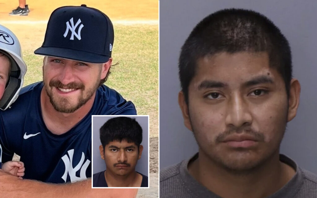 Collage: smiling man in NY Yankees cap at a baseball field; inset mugshot of a young man with dark hair and mustache; another mugshot on the right against gray background.