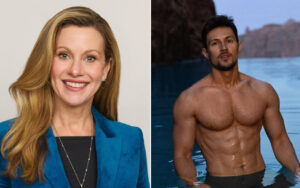 Split image: left a smiling blonde woman in a blue blazer; right a shirtless, muscular man standing in calm water with cliffs in the background.