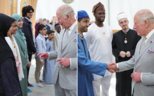Older man in a light gray suit greets a diverse line of youths during a ceremonial handshake.