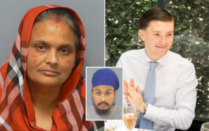 Three portraits in a collage: a woman with a red patterned scarf on the left, a man in a white shirt and light blue tie on the right, and a man with a blue turban in the center.