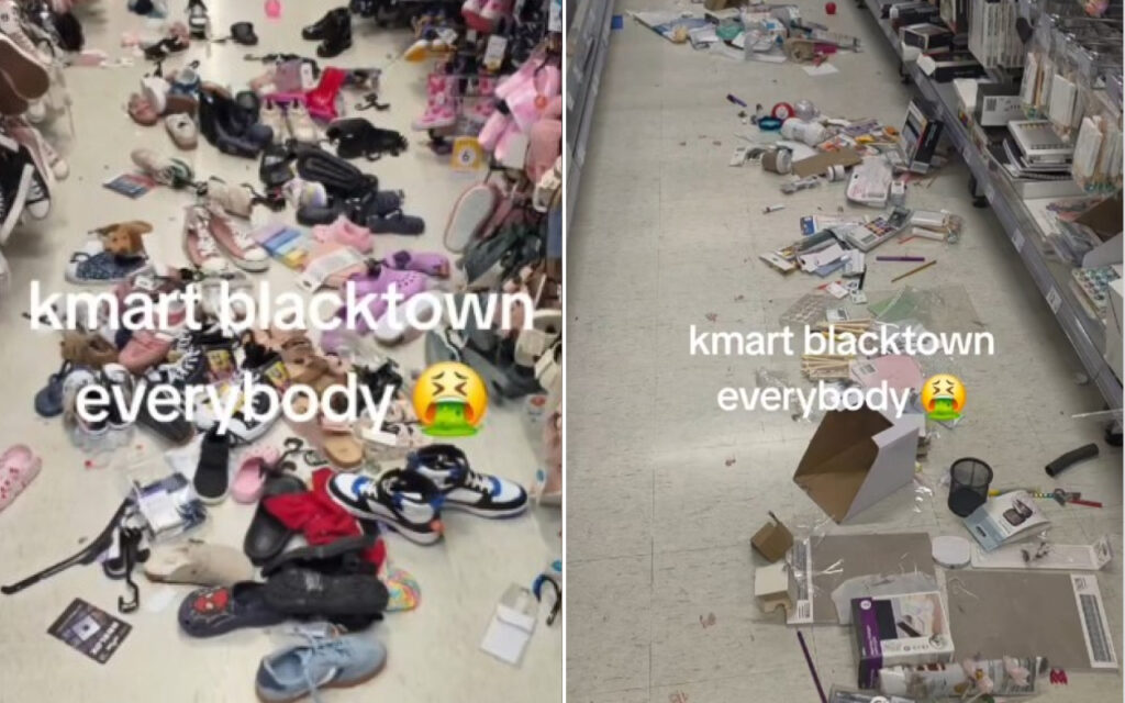 Kmart Blacktown: store floor littered with clothing, shoes, and merchandise scattered across two side-by-side images.