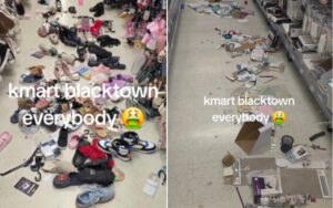Kmart Blacktown: store floor littered with clothing, shoes, and merchandise scattered across two side-by-side images.