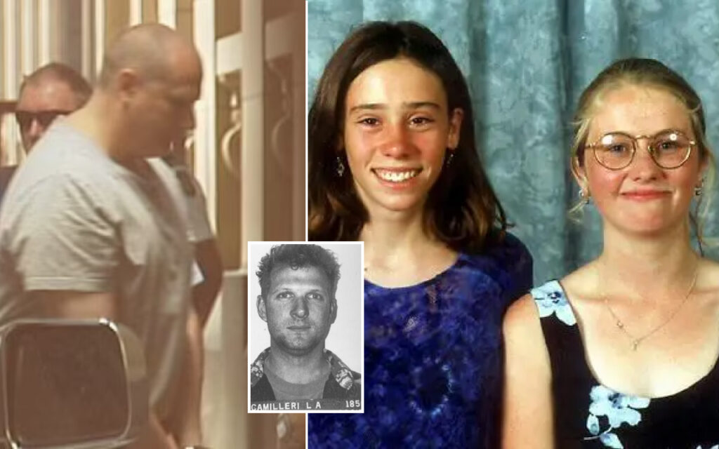 Collage: two smiling young women centered-right; a man in a beige shirt blurred in the background on the left; a small black‑and‑white mugshot portrait with the text CAMILLERI L A 185 overlapping the center.