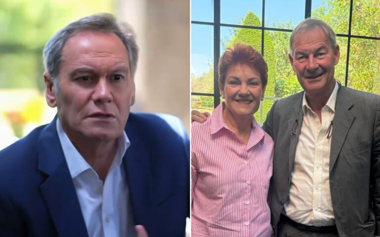 Left: serious man in a blue suit; Right: smiling woman in a pink striped shirt with a man in a gray suit by a large window.