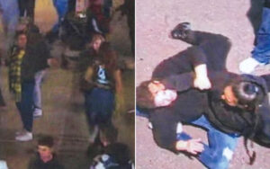 Two-panel image: left shows bystanders standing in a dim, crowded outdoor area; right shows two men on the ground grappling in a struggle.