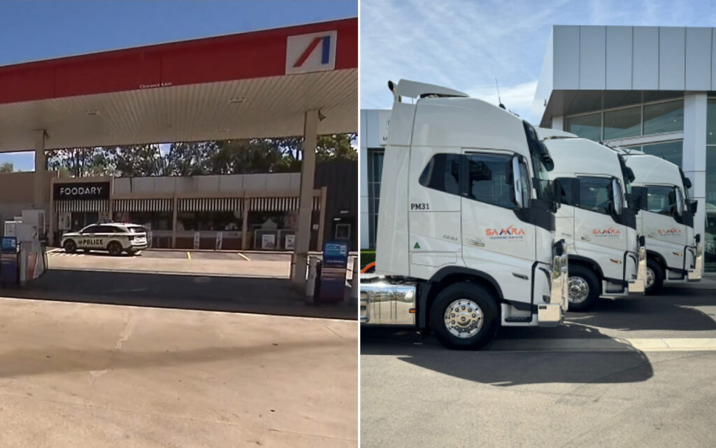 Left: Gas station with a Foodary store under a canopy; a police SUV is parked in front. Right: A row of white semi-trucks parked at a trucking company lot.