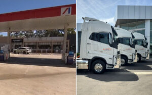Left: Gas station with a Foodary store under a canopy; a police SUV is parked in front. Right: A row of white semi-trucks parked at a trucking company lot.