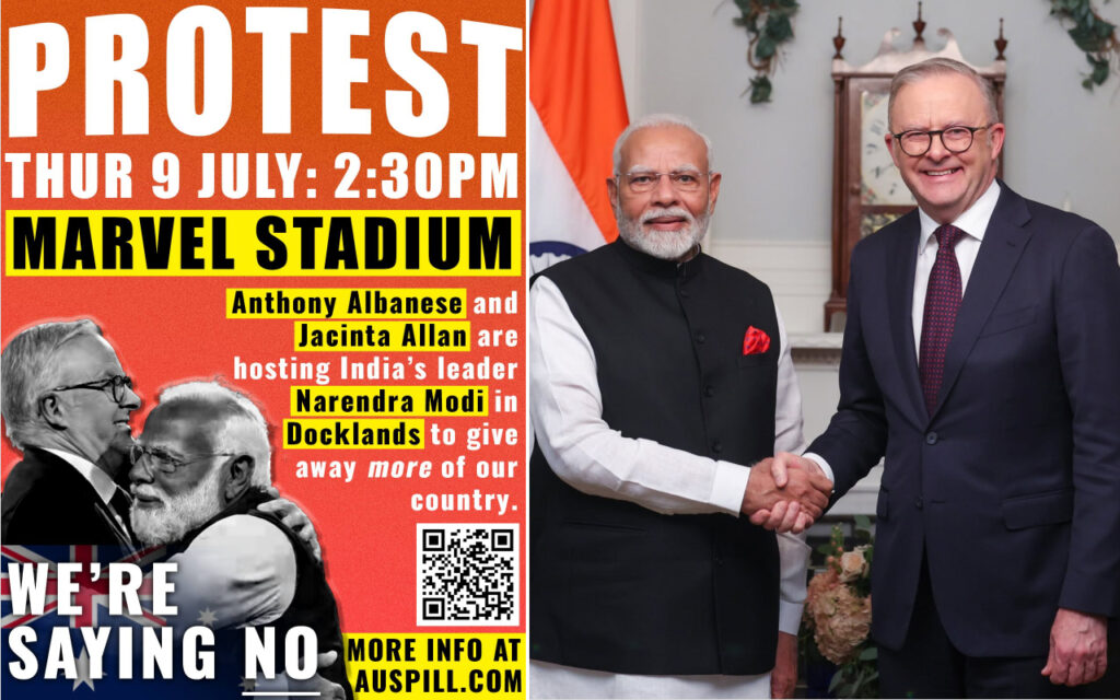 Split image: a bold orange protest poster on the left about a July protest at Marvel Stadium; right: two men in formal attire shake hands indoors, with one in a dark suit and the other in a white kurta and black vest.
