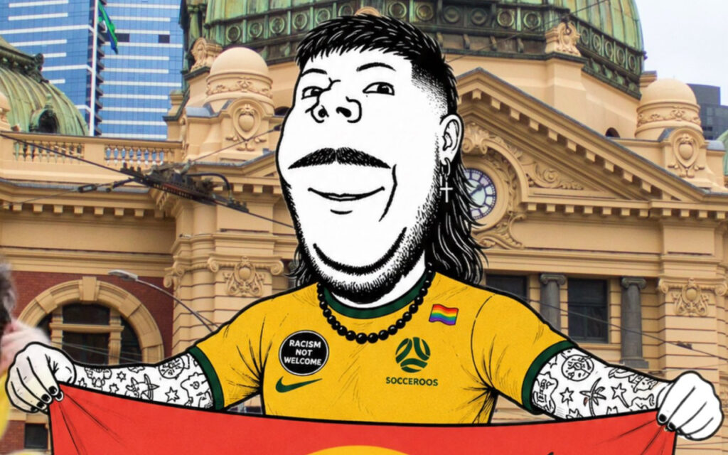 Cartoon man in a yellow Socceroos jersey holds a red banner in front of a historic city building.