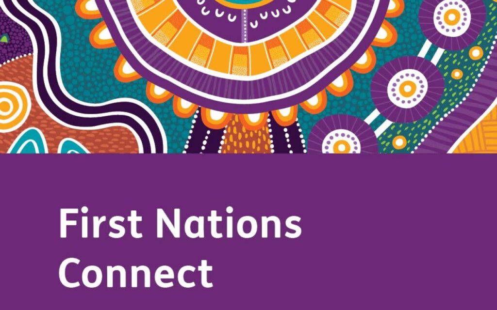 Abstract Indigenous-inspired pattern with purple, orange, teal elements and a purple banner reading 'First Nations Connect'.