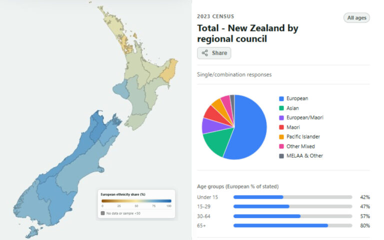 New Zealand map by regional councils with a 2023 census page showing a pie chart of ethnic shares and age distribution bars.
