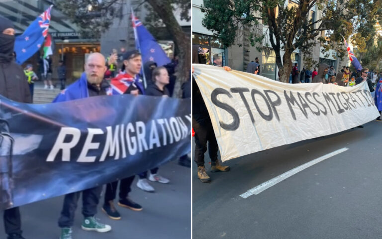 Protest on a city street with people holding a long white banner that reads ‘STOP MASS MIGRATION’ and waving flags. Several participants wear masks and warm clothing.