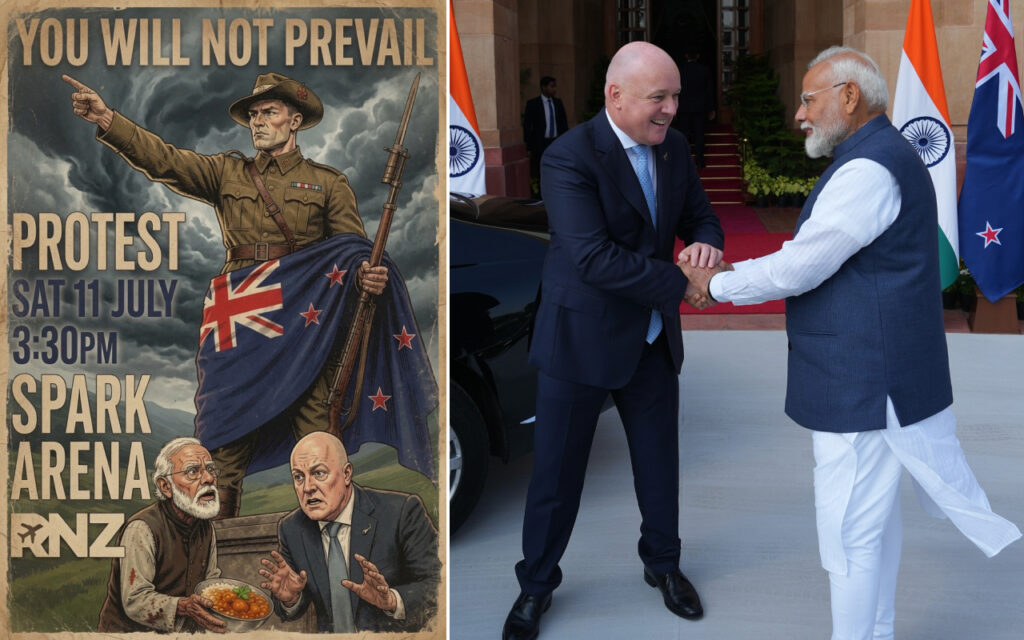 Vintage-style protest poster reading 'You will not prevail' advertising a protest at Spark Arena, NZ, with a soldier and two officials in the foreground.