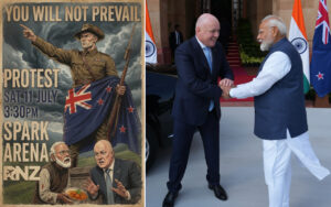 Vintage-style protest poster reading 'You will not prevail' advertising a protest at Spark Arena, NZ, with a soldier and two officials in the foreground.