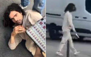 Left: man with long dark hair in a beige coat crouching on the street, clutching a patterned case and looking toward the camera. Right: woman in a light-colored outfit walking past a white van, holding a small item in her hand.