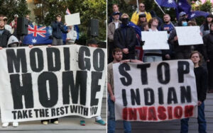 Two groups of protesters on steps. Left: a banner reading 'MODI GO HOME' and 'TAKE THE REST WITH YOU' with an Australian flag in the background.