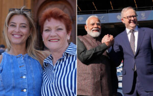 Left: Two women smiling for a photo—one in a denim jacket, the other in a blue-and-white striped blouse, standing close together.