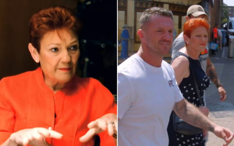 Left panel shows an older woman with short red hair in an orange blouse speaking or gesturing; right panel shows a man in a white t‑shirt and a red‑haired woman in a black polka-dot dress walking outdoors on a sunny street.