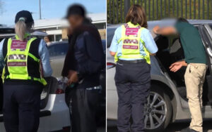 Two transport enforcement officers in neon vests check a car at a checkpoint, with a driver nearby viewed from behind (left panel).