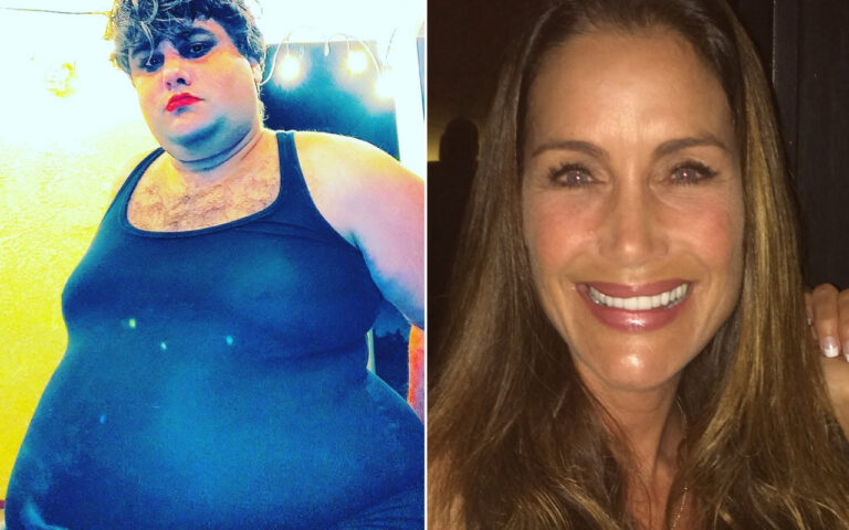 Plus-size person in a dark blue tank top, facing the camera in a bright room (left).