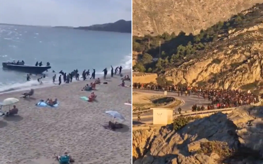 Split image: left shows a crowded beach with a boat near the shore; right shows a winding mountain road packed with people marching along rocky cliffs.