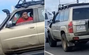 Left panel: Beige SUV with a man in a red shirt in the driver’s seat, smiling. Right panel: Rear view of the same SUV driving on the road, mud on the tires and a visible license plate.