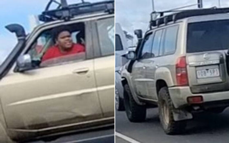 Left panel: Beige SUV with a man in a red shirt in the driver’s seat, smiling. Right panel: Rear view of the same SUV driving on the road, mud on the tires and a visible license plate.