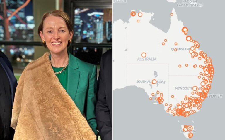 Woman in green blazer smiles, wearing a tan faux-fur wrap, indoors next to others (left panel).