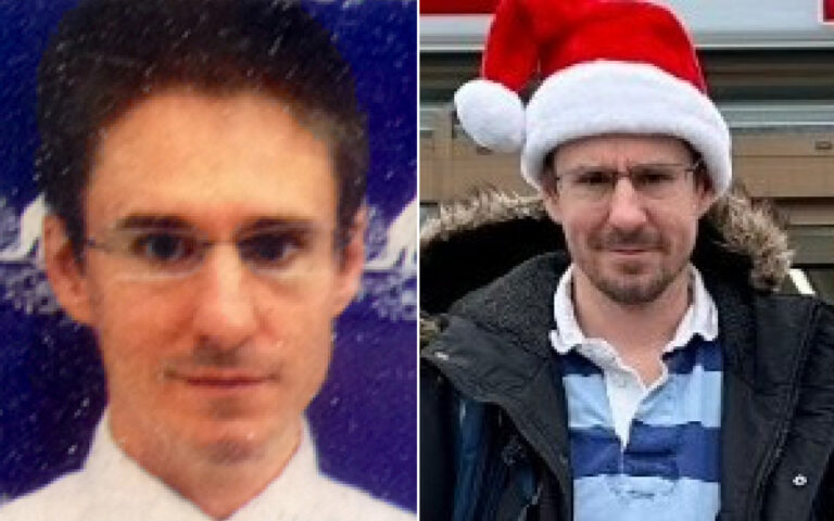 Side-by-side photos of a man: left in a white shirt with glasses, right wearing a Santa hat with a jacket and striped shirt.