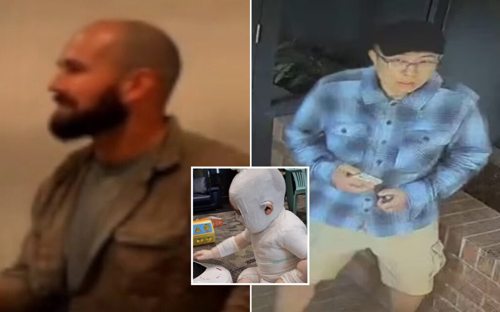 Collage of three men: left profile of a bald bearded man in a khaki jacket, center inset shows a baby in a gray helmet playing with a toy, and right a man in a blue plaid jacket and cap looking at a phone.