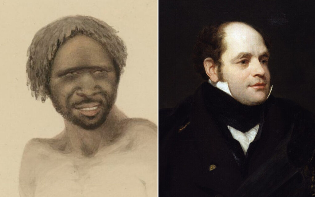 Side-by-side portraits: left is a rough, shirtless Black man with textured hair; right is a refined 19th-century gentleman in a black coat and white cravat, looking to the side.
