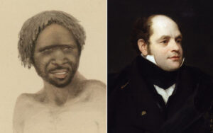 Side-by-side portraits: left is a rough, shirtless Black man with textured hair; right is a refined 19th-century gentleman in a black coat and white cravat, looking to the side.