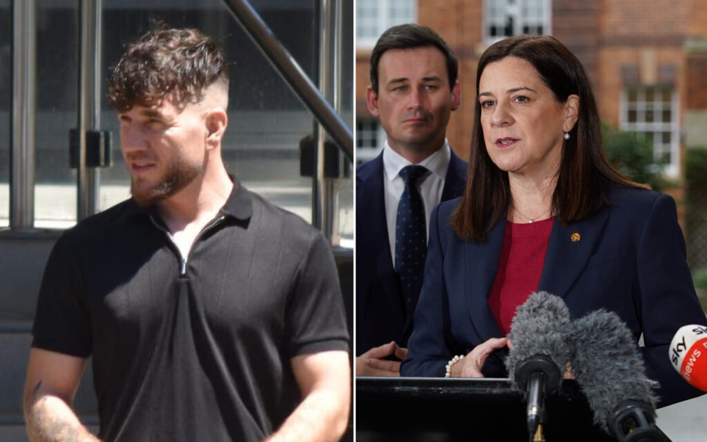 Left: man in a black polo shirt outside, looking away; right: woman in a navy blazer speaking at a press conference with microphones and reporters present.