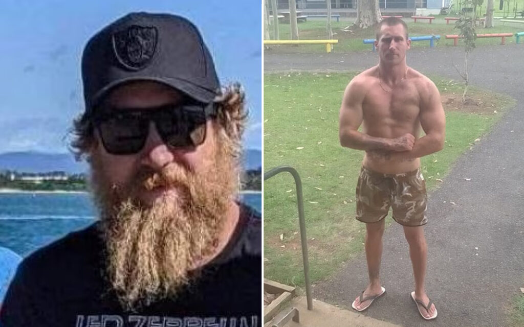Left: bearded man in a cap and sunglasses by the water; right: shirtless man flexing in a park with camo shorts.