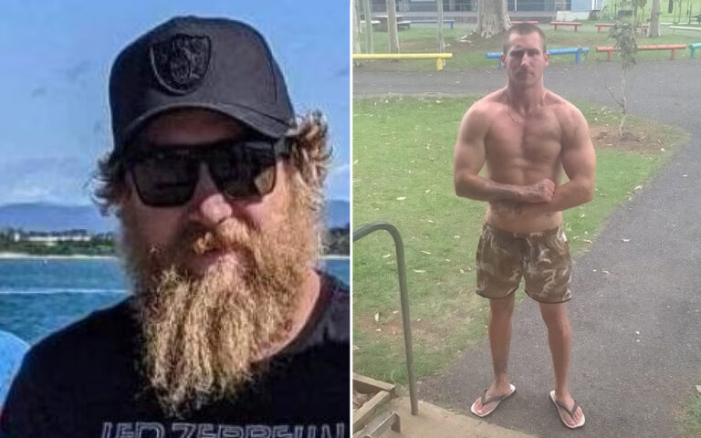 Left: bearded man in a cap and sunglasses by the water; right: shirtless man flexing in a park with camo shorts.