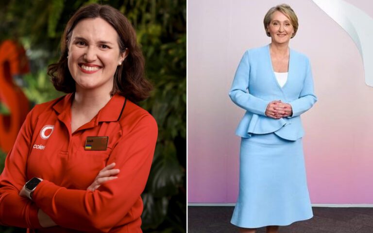 Left: Smiling woman in a red Coles uniform with name tag Leah, arms crossed outdoors (green foliage in background).
