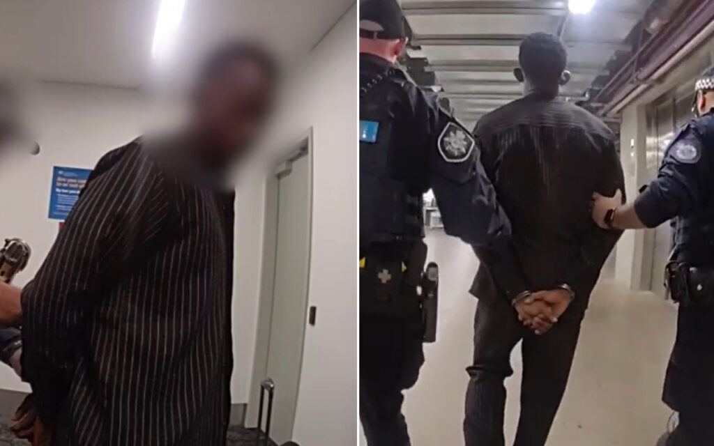Left: A blurred man in a dark striped shirt is being held by an officer in a hallway; face not discernible for privacy.