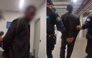 Left: A blurred man in a dark striped shirt is being held by an officer in a hallway; face not discernible for privacy.