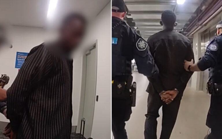 Left: A blurred man in a dark striped shirt is being held by an officer in a hallway; face not discernible for privacy.