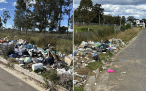 Two side-by-side scenes of street litter: trash piled along curbs with bags, crates, and debris in a grassy verge.