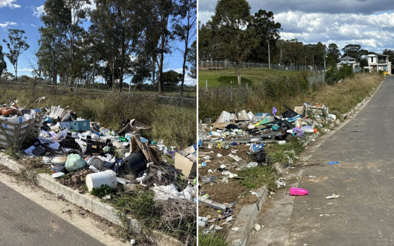 Two side-by-side scenes of street litter: trash piled along curbs with bags, crates, and debris in a grassy verge.