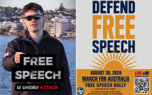 Two-panel image: left a man wearing sunglasses by a waterfront holds a sign that reads 'FREE SPEECH IS UNDER ATTACK'; right a poster-style graphic with 'DEFEND FREE SPEECH' and rally details with sunburst.