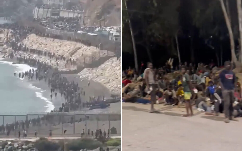 Split-screen: left side shows a crowded beach along a rocky coastline with many people near the water; right side shows a large group sitting on a sandy area at night.
