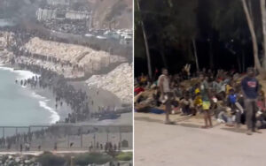 Split-screen: left side shows a crowded beach along a rocky coastline with many people near the water; right side shows a large group sitting on a sandy area at night.