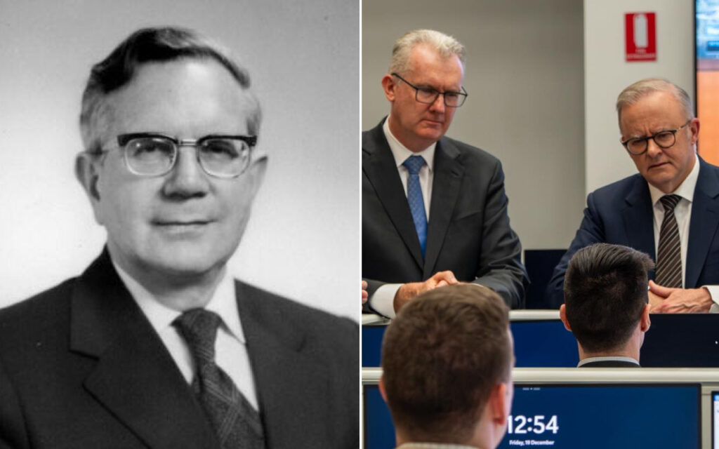 Split image: left a black-and-white portrait of a man in a suit and glasses; right two businessmen in suits at a conference table.